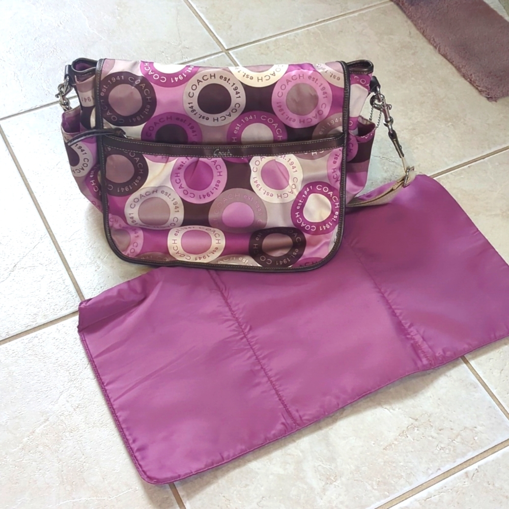 Coach purple and pink diaper bag with changing pad